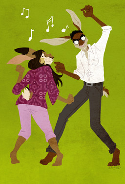 anthro dancing duo eyewear female glasses happy male music skurvy cheap_thrills elizabeth_maaltajik mirza_maaltajik hare lagomorph leporid mammal rabbit
