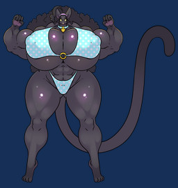 abs antenna_hair anthro barefoot big_breasts bikini bikini_bottom bikini_top black_hair blue_bikini blue_clothing blue_swimwear breasts clothing collar collar_tag digitigrade eyewear feet female flexing flexing_bicep flexing_both_biceps freckled_breasts freckles glasses hair heart_collar_tag heart_eyes heart_symbol huge_breasts hyper hyper_breasts iridescent_fur lipstick long_ears long_hair long_tail makeup mature_anthro mature_female muscular muscular_anthro muscular_female navel nipple_outline pawpads poofy_hair simple_background smile solo swimwear tail thick_thighs transparent_background two-piece_swimsuit yellow_eyes duragonart fan_character domestic_cat felid feline felis mammal pantherine absurd_res alpha_channel hi_res story story_in_description