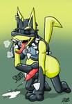 after_transformation anthro bodily_fluids breath collar cum ear_piercing genital_fluids gradient_background male masturbation onomatopoeia piercing simple_background solo sound_effects spiked_collar spikes text tongue tongue_out zipper d682 nintendo pokemon generation_4_pokemon lucario pokemon_(species) shiny_pokemon absurd_res hi_res