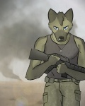 4:5 angry anthro army blue_eyes bottomwear canid canine canis cargo_pants clothing dog_tags domestic_dog german_shepherd grunge gun herding_dog holding_gun holding_object holding_ranged_weapon holding_weapon male mammal marines military pants pastoral_dog quixoticmutt ranged_weapon shirt smoke solo tank_top topwear war weapon