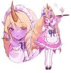 blonde_hair blush cherry clothed clothing dress drill_curls eyebrow_through_hair eyebrows eyelashes female food footwear fruit fully_clothed hair holding_platter horn humanoid_pointy_ears long_hair looking_at_viewer maid_headdress maid_uniform open_mouth pink_clothing pink_dress pink_eyes plant pointy_ears purple_body purple_skin simple_background socks solo sundae translucent translucent_hair uniform white_background white_clothing white_footwear white_socks golub.lol league_of_legends riot_games tencent soraka humanoid 2024 artist_name dated digital_media_(artwork) full-length_portrait hi_res portrait shaded