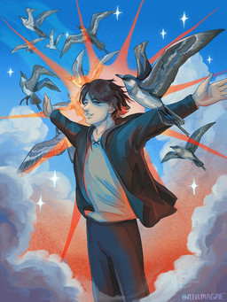blue_sky brown_hair clothed clothing cloud eyes_closed feral flying four_pointed_star group hair light_body light_skin male outstretched_arms sky skyscape smile star t-pose young azulmagpie attack_on_titan eren_jaeger human jaeger mammal parasitic_jaeger 3:4 hi_res