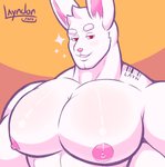 anthro big_pecs eyebrows fur glistening glistening_body glistening_skin male muscular muscular_anthro muscular_male nipples orange_background pecs pink_nipples red_eyes simple_background smile smirk solo sparkles tattoo thick_eyebrows white_body white_fur layndon layndon_(layndon) hare lagomorph leporid mammal rabbit half-length_portrait hi_res portrait shaded soft_shading