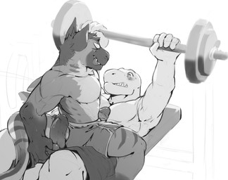 anthro balls blush boxers_(clothing) clothing duo erection exercise fingers foreskin genitals glans humanoid_genitalia humanoid_penis male male/male partially_retracted_foreskin penis underwear weightlifting workout dangpa hybrid hyena lizard mammal reptile scalie striped_hyena monochrome