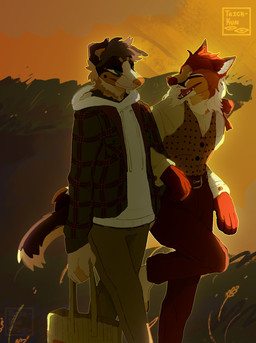 anthro biped bottomwear brown_body brown_bottomwear brown_clothing brown_ears brown_fur brown_pants clothed clothing day duo eyes_closed fangs fur fur_markings grass holding_bag hoodie looking_at_another markings open_mouth open_smile orange_body orange_ears orange_fur outside pants paws plant smile tan_body tan_ears tan_fur teeth topwear white_body white_clothing white_fur white_inner_ear nowheremotel cure_(nowheremotel) hare_(nowheremotel) canid canine canis collie darwin's_fox domestic_dog ethiopian_wolf fox herding_dog ibizan_hound mammal pastoral_dog primitive_dog primitive_hunting_dog sheepdog smooth_collie south_american_fox hi_res watermark