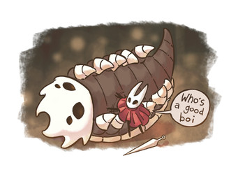 4_eyes ambiguous_gender anthro biped black_body blush blush_lines cloak clothing dialogue duo empty_eyes feral good_boy grey_body hornet's_needle lying multi_eye on_side petting red_cloak red_clothing size_difference speech_bubble text white_body beartitled hollow_knight:_silksong hollow_knight_(franchise) team_cherry bell_beast hornet_(hollow_knight) arthropod bell_beast_(species) insect 2025 digital_drawing_(artwork) digital_media_(artwork) english_text hi_res female_(lore)