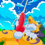 anthro anus armwear bodily_fluids clothing cum ejaculation fur genital_fluids genitals knot male penis solo tongue tongue_out felixfellow bandai_namco digimon digimon_(species) renamon 1:1 hi_res