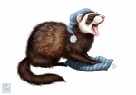 ambiguous_gender brown_body brown_fur clothing fangs feral fur hat headgear headwear nightcap open_mouth pillow simple_background solo teeth tongue white_background white_body white_fur yawn kippycube domestic_ferret mammal mustelid musteline true_musteline weasel 2019