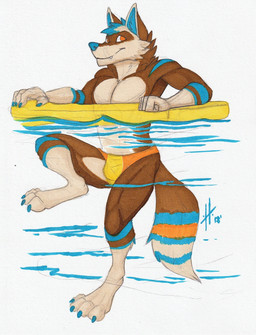 anthro athletic athletic_anthro athletic_male blue_claws blue_tail brown_body brown_fur brown_tail cheek_tuft claws closed_smile clothed clothing facial_tuft fangs finger_claws fur looking_at_viewer male male_anthro mouth_closed neck_tuft no_pupils orange_eyes orange_tail partially_submerged pecs smile solo speedo swimming swimwear tail tan_body tan_fur tan_tail teeth toe_claws topless tuft hufnaar canid canine mammal 2018 dated hi_res