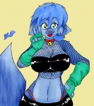 anthro bent_arm big_breasts biped blue_body blue_fur blue_hair breasts chest_tuft clothed clothing collar female fingerless_gloves fishnet_clothing fur gesture gloves green_eyes hair hand_gesture hand_on_hip handwear humanoid_pointy_ears midriff navel panty_peek pointy_ears shirt simple_background skimpy solo standing tail thong tongue topwear tuft underwear v_sign wide_hips yellow_background adriky1012 skidd kilika domestic_cat felid feline felis mammal artist_collaboration colored signature