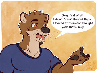 anthro athletic athletic_male black_claws black_nose black_pawpads blue_clothing blue_shirt blue_t-shirt blue_topwear border brown_body brown_eyes brown_fur cheek_tuft claws clothed clothed_male clothing countershading dialogue eyebrows facial_hair facial_tuft fur goatee head_tuft inner_ear_fluff looking_aside male membrane_(anatomy) pawpads shirt simple_background solo speech_bubble t-shirt tan_body tan_fur tan_inner_ear_fluff text topwear tuft webbed_hands whisker_spots whiskers white_border ventkazemaru echo_(game) echo_(series) echo_project chase_hunter mammal mustelid otter 2025 dated english_text flat_colors half-length_portrait hi_res portrait signature