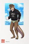 4_toes anthro barefoot beverage black_clothing black_hoodie black_topwear briefs brown_body brown_fur bulge claws clothing coffee coffee_mug feet fur hair hoodie male plantigrade print_briefs print_clothing print_underwear scratching_butt simple_background solo standing tired toes topwear underwear fudatsu chase_(chasedatotter) mammal mustelid otter hi_res