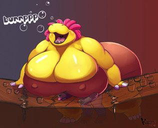 anthro bar big_breasts big_butt breasts bubble burping butt clothed clothing container cup drinking_glass drunk drunk_bubble duo female glass glass_container glass_cup hair huge_breasts huge_butt overweight pink_hair shot_glass slightly_chubby smothering substance_intoxication teeth tongue tongue_out yellow_body yellow_skin kazecat starknight_(starknight321) common_hippopotamus gnoll hippopotamid hyena mammal