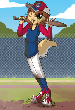 anthro baseball_bat baseball_cap bat_(object) biped black_nose blue_clothing blue_shirt blue_tank_top blue_topwear closed_smile clothed clothing countershade_fur countershade_tail countershading day digitigrade dirty female footwear front_view fur hair hat headgear headwear holding_baseball_bat mouth_closed one_eye_closed outside red_clothing red_hair red_shirt red_topwear shirt shoes smile sneakers solo tail tan_body tan_fur tank_top topwear white_body white_countershading young young_anthro young_female fuf riley_(plinko) canid canine canis domestic_dog mammal 2018 hi_res