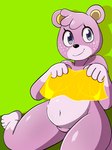 anthro belly breasts clothing featureless_crotch female freckles green_background green_eyes navel paws potbelly simple_background slightly_chubby smile solo thick_thighs translucent translucent_clothing wide_hipped_female wide_hips nojimmyplz animal_crossing nintendo megan_(animal_crossing) bear mammal hi_res