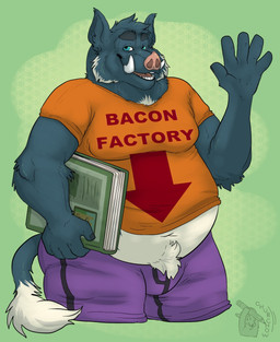 anthro blue_body blue_fur book boxers_(clothing) clothing fur gesture male midriff overweight overweight_male school shirt solo text text_on_clothing text_on_shirt text_on_topwear thigh_up topwear tusks underwear university waving white_body white_fur chubchow mammal suid suine sus_(pig) wild_boar colored hi_res