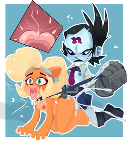 anthro armor belt black_hair blonde_hair blue_background blue_body bodily_fluids boots bottomwear bow_tie breasts buckteeth clothing collar cum cum_inside duo ejaculation excessive_cum excessive_genital_fluids eyewear eyewear_on_head female footwear gauntlets genital_fluids gloves goggles goggles_on_head green_eyes gynomorph gynomorph/female hair handwear impregnation intersex intersex/female leash leash_pull nude nude_female open_mouth orange_body ovum rough_sex saliva sex shirt shoes simple_background skirt sperm_cell teeth tongue tongue_out topwear twixbartrix activision crash_bandicoot_(series) coco_bandicoot nina_cortex bandicoot human mammal marsupial hi_res