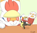 anthro clothing duo fur male object_in_tail plantigrade red_body red_eyes red_fur simple_background tail_storage tools white_body white_fur wrench yellow_body yellow_fur mr_fuwa nintendo pokemon team_fortress_2 valve engineer_(team_fortress_2) fuwa tiny_desk_engineer braixen cinderace generation_6_pokemon generation_8_pokemon pokemon_(species) raboot scorbunny absurd_res colored digital_media_(artwork) hi_res meme