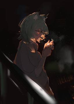 balcony black_ear_tips breasts cigarette cigarette_in_mouth cigarette_smoke clothing dipstick_ears ear_markings female fire green_clothing green_hair green_shirt green_topwear hair holding_lighter holding_object inner_ear_fluff lighter lighting_cigarette markings medium_breasts multicolored_ears night object_in_mouth orange_eyes outside oversized_clothing oversized_shirt oversized_topwear shirt short_hair smoke smoking smoking_cigarette solo topwear tuft hj_poiii chainsmoker_cat yaniko_satou animal_humanoid cat_humanoid felid felid_humanoid feline feline_humanoid humanoid mammal mammal_humanoid 2026 absurd_res colored_sketch digital_drawing_(artwork) digital_media_(artwork) hi_res sketch