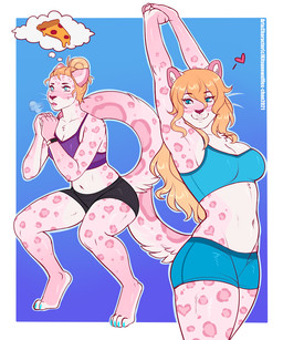 anthro athletic_wear blonde_hair border bottomwear bra breasts clothed clothing female food fur gradient_background hair leopard_spots long_hair multiple_poses pink_body pink_fur pizza pose shorts simple_background solo sports_bra spots underwear white_border kitsunewaffles-chan ki_(kitsunewaffles-chan) felid leopard mammal pantherine 2021 5:6 dated digital_media_(artwork)