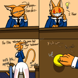 anthro carpet chair clothing desk dialogue duo ear_piercing fangs female fur furniture long_ears long_tail male male/female orange_body orange_fur piercing rug speech_bubble suit table tail teeth white_body chefrens senia_(chefrens) sqwishi_(chefrens) domestic_cat felid feline felis lagomorph mammal 1:1 comic hi_res