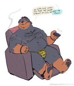 ankle_monitor anthro batman_logo belly belly_hair body_hair bracelet bulge chest_hair chest_tuft clothed clothing controller ear_piercing eyebrow_piercing eyewear facial_piercing furniture glasses happy_trail jewelry looking_back male mullet multiple_piercings musclegut muscular muscular_anthro muscular_male nipple_piercing nipples offscreen_character overweight overweight_male piercing remote_control ring sitting smoking sofa solo speech_bubble stubble tattoo text thick_thighs thong thong_only topless tuft underwear underwear_only yellow_clothing yellow_underwear dramamine roger_(dramamine) canid canine canis domestic_dog mammal mastiff molosser rottweiler english_text hi_res