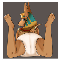 3_toes accessory border brown_eyes brown_hair claws diaper ear_piercing ear_ring egyptian feet female furgonomics hair headdress jewelry long_ears looking_back lying on_front piercing rear_view ring ring_piercing solo tail tail_accessory tail_jewelry tail_ring toe_claws toes usekh white_border biteybaby nephete canid canine canis jackal mammal 1:1 hi_res