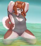 anthro beach big_breasts biped breasts brown_hair clothed clothing curvy_figure eyewear female glasses hair kneeling looking_at_viewer seaside side_boob slightly_chubby solo voluptuous kanou kano canid canine canis domestic_dog husky mammal nordic_sled_dog spitz digital_media_(artwork) hi_res shaded