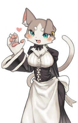 anthro biped blush breasts clothed clothing female fur green_eyes grey_body grey_fur grey_tail maid_uniform multicolored_body multicolored_fur multicolored_tail open_mouth open_smile pawpads pink_nose smile solo tail tongue uniform white_body white_fur white_tail xux_(artist) re:zero puck_(re:zero) felid feline mammal absurd_res hi_res