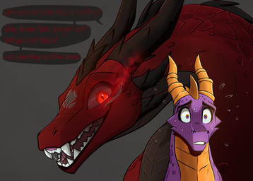 bodily_fluids dialogue duo fangs female feral glowing glowing_eyes horn larger_female male purple_body purple_eyes red_body red_eyes scared simple_background size_difference slaiva smaller_male sweat sweatdrop teeth text tongue apollyondragon activision mythology spyro_the_dragon lilith_(apollyondragon) spyro dragon mythological_creature mythological_scalie scalie 2026 digital_media_(artwork) hi_res