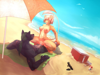 abs anthro beach blue_eyes breasts cooler cowgirl_position detailed_background duo erection eye_contact female female_on_top female_penetrated from_front_position genitals green_hair gun hair handgun knot looking_at_another lying male male/female male_on_bottom male_penetrating male_penetrating_female muscular muscular_female nude on_back on_bottom on_top on_towel outside penetration penile penile_penetration penis penis_in_vagina pistol ranged_weapon romantic romantic_couple sand seaside sex sex_on_the_beach sky spread_legs spreading straddling towel umbrella usp_.45 vaginal vaginal_penetration vulva water weapon marooned heckler_and_koch samanya_mohatu tek_l_war canid canine canis felid lion mammal pantherine wolf 2015 hi_res signature