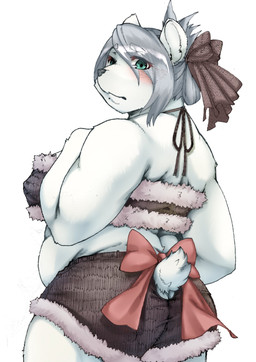 accessory anthro belly_overhang blush bottomwear bow_(feature) bow_accessory bow_ribbon bra clothing female fur furgonomics green_eyes grey_hair hair hair_accessory hair_bow hair_ribbon inner_ear_fluff kemono looking_at_viewer looking_back ribbons shorts simple_background slightly_chubby solo standing tail tail_accessory tail_bow tail_ribbon tuft underwear white_background white_body white_fur kikunoya bear mammal polar_bear ursine digital_media_(artwork) hi_res