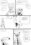 2016 anthro bernielover black_and_white blush canid canine clothed clothing comic container cup dialogue disney english_text eyewear female fox group hi_res hoodie judy_hopps lagomorph leporid male mammal monochrome necktie nick_wilde outside police police_officer rabbit red_fox simple_background smile snort standing sunglasses tail tail_motion tailwag text topwear true_fox white_background zootopia