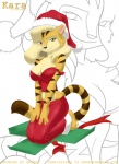 anthro artist_name avoid_posting bbmbbf bent_legs biped character_name christmas christmas_clothing christmas_headwear clothed clothing digital_media_(artwork) extended_arms felid female gift hands_on_legs hands_on_own_legs hands_on_own_thighs hands_on_thighs hat headgear headwear holding_both_legs holding_both_thighs holidays kara_(furryneko) kneeling knees_together legs_together mammal pantherine red_ribbon santa_hat seiza sitting solo stripes tail tiger