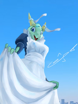 anthro breasts clothed clothing dress female green_body horn looking_at_viewer low-angle_view maid_uniform non-mammal_breasts simple_background smile solo text topwear uniform worm's-eye_view codlam bethesda_game_studios microsoft skyrim the_elder_scrolls the_lusty_argonian_maid lifts-her-tail argonian reptile scalie 3:4 digital_media_(artwork) hi_res