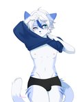 ahoge anthro blue_body blue_eyes blue_fur blue_highlights blush bulge clothed clothing clothing_lift countershading front_view fur hair highlights_(coloring) male navel nipples one_eye_closed shirt shirt_lift simple_background solo standing topwear underwear undressing white_background white_body white_countershading white_hair pandalaw mammal 2020 absurd_res digital_media_(artwork) hi_res portrait three-quarter_portrait