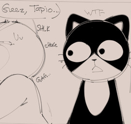 anthro bodily_fluids duo fur looking_at_another male open_mouth side_view standing surprised sweat text whiskers sushiamazing working_buddies! rufuta_hachitani tapio_chatarozawa domestic_cat felid feline felis mammal 2025 digital_media_(artwork) english_text guide_lines monochrome sketch