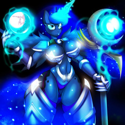 anthro anthrofied armor big_breasts blue_body blue_eyes blue_eyeshadow blue_feathers blue_lipstick breasts clothing crown cutie_mark eyelashes eyeshadow feathered_wings feathers female gauntlets glistening gloves glowing handwear headgear horn lipstick looking_at_viewer magic makeup melee_weapon moon nipples panties polearm solo sparkles spell staff thick_thighs thong unconvincing_armor underwear weapon wings jrvanesbroek friendship_is_magic hasbro my_little_pony mythology princess_luna_(mlp) equid equine mammal mythological_creature mythological_equine winged_unicorn 1:1 2014 digital_media_(artwork) hi_res