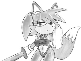 anthro bodily_fluids breasts ear_piercing ear_ring eyelashes female hair half-closed_eyes melee_weapon narrowed_eyes piercing ponytail ring_piercing solo sweat sword tail weapon icydirtball fleetway_comics sega sonic_the_comic sonic_the_hedgehog_(comics) sonic_the_hedgehog_(series) morain_blackthorn canid canine fox mammal hi_res monochrome sketch
