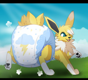 ambiguous_gender big_diaper black_inner_ear black_nose black_pawpads blue_sclera blush blush_lines clean_diaper clothed clothing cloud_emanata diaper diaper_only diaper_puff emanata feral fur grass highlights_(coloring) leg_markings looking_back markings one_eye_closed open_mouth open_smile pawpads plant sky smile snaggle_tooth socks_(marking) solo tail topless wearing_diaper white_body white_fur white_highlights wink yellow_body yellow_fur yellow_tail jupiters nintendo pokemon eeveelution generation_1_pokemon jolteon pokemon_(species) character_request hi_res letterbox