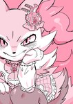 accessory anthro brooch claws clothing fangs female hair_accessory hand_on_own_face looking_at_viewer pink_background simple_background sitting smile solo teeth oposa nintendo pokemon braixen canid canine fox generation_6_pokemon mammal pokemon_(species) 2022 absurd_res hi_res pink_theme