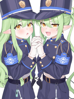 blue_clothing blue_hat blue_headwear bottomwear clothing cute_fangs fangs female female_humanoid gloves green_hair hair hand_on_hip handwear hat headgear headwear heart_tail open_mouth pointy_ears prick_ears shorts skirt tail teeth white_clothing white_gloves white_handwear yellow_eyes young young_female young_humanoid okaki8130 blue_archive nexon hikari_(blue_archive) nozomi_(blue_archive) demon demon_humanoid humanoid tailed_humanoid absurd_res hi_res