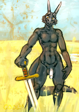 anthro blush blush_lines field flaccid genitals grass_field melee_weapon nude penis solo standing sword weapon cool. tik_(tasla_venhyle) kobold scalie hi_res