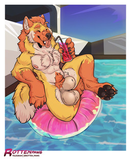 animal_genitalia animal_penis anthro balls belly beverage black_claws canine_genitalia canine_penis claws container cup eyes_closed fur genitals hair knot knotted_penis male muscular muscular_anthro muscular_male navel orange_body orange_fur orange_hair pawpads paws pecs penis pool_float pool_toy sheath solo tan_body tan_fur yellow_body yellow_fur rotten_paws chester_(maned_wolf) canid canine mammal maned_wolf absurd_res hi_res