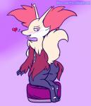 anthro blush butt chair claws fangs female fluffy fluffy_tail furniture heart_symbol looking_back nude paws rear_view solo tail teeth tongue blue-rum nintendo pokemon canid canine delphox generation_6_pokemon mammal pokemon_(species) hi_res watermark