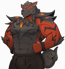 abs anthro anthrofied arm_tuft bottomwear clothed clothing elbow_tuft eyebrows fur grey_body grey_fur hands_on_hips male muscular muscular_anthro muscular_male nipples pants pecs red_body simple_background solo topless topless_anthro topless_male tuft white_background zcdartz nintendo pokemon generation_8_pokemon hisuian_arcanine hisuian_form pokemon_(species) regional_form_(pokemon) 2022 absurd_res hi_res
