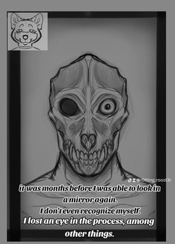 anthro exposed_flesh flesh horror_(theme) male mirror missing_eye reflection solo teeth text puppy_meats madmaw_(rottingxrooster) canid canine canis domestic_dog mammal bust_portrait comic english_text greyscale hi_res monochrome one_panel_comic portrait sketch