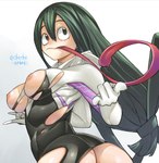 action_pose black_eyes black_hair breasts butt clothed clothing cosplay crossover_cosplay female green_hair hair hood long_hair long_tongue looking_back mouth_closed multicolored_clothing nipples no_underwear pose small_breasts solo superhero tight_clothing tongue torn_clothing two_tone_clothing shosho_oekaki marvel my_hero_academia spider-man_(series) asui_tsuyu spider-gwen amphibian amphibian_humanoid animal_humanoid frog_humanoid human humanoid mammal artist_name crossover digital_drawing_(artwork) digital_media_(artwork)