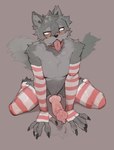 ahegao animal_genitalia animal_penis anthro big_penis biped black_nose blush bodily_fluids canine_genitalia canine_penis clothing cross-eyed erection eye_roll femboy fingers fur genital_fluids genitals grey_body grey_fur grey_tail huge_penis kemono kneeling knot legwear looking_pleasured male penis precum pupils red_eyes simple_background solo tail thigh_highs tongue tongue_out bebebebebe canid canine canis mammal wolf hi_res