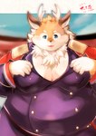 anthro antlers belly blue_eyes blush brown_body brown_fur clothing fur horn male military_uniform moobs overweight overweight_male solo uniform inuiookawa tamacolle kazusa deer mammal